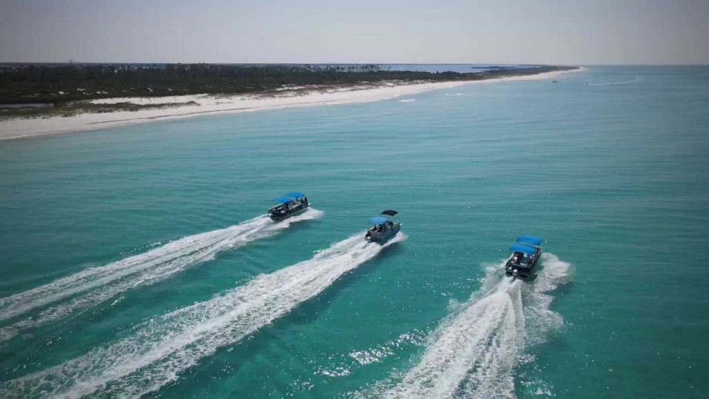 Aerial view of Water Planet boats heading out to find dolphins